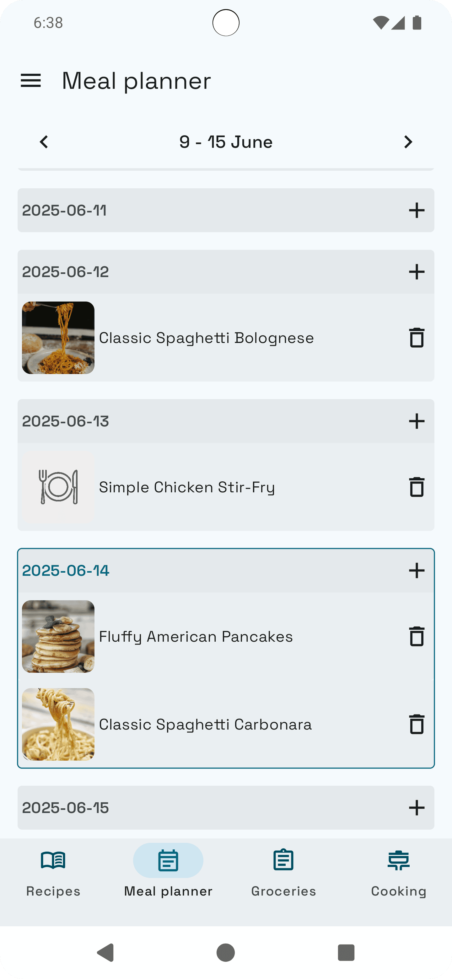 Weekly meal planning calendar view